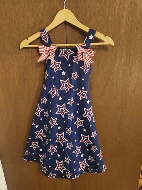 Jessica Ann Navy Star Print Dress with Red Bow Straps
